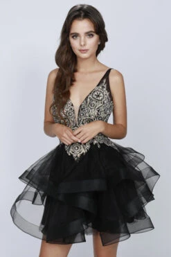 Juliet 823 Plunging V-Neck Ruffled Skirt Short Dress(Black Plunging V Neck Ruffled Skirt Homecoming Short Dress) -Discount Dress Shops 0002461 823