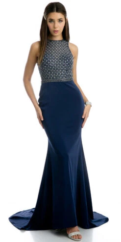 Juliet 649 Long Dress Embellished Bodice Keyhole Back(Juliet 649 Long Prom Dress Embellished Bodice Keyhole Back Navy Blue)