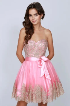 Juliet 759 Short Sweetheart Neckline Strapless Dress With Bow(Coral Gold Sweetheart Neckline Strapless Homecoming Dress) -Discount Dress Shops 0003706 759