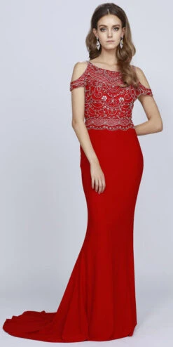Juliet 660 Cold Shoulder Gown With V-Shape Open Back And Train(Red Cold Shoulder Evening Gown With V Shape Open Back And Train)