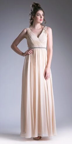 Cinderella Divine 1001 Ruched V-Neck A-line Long Chiffon Dress(Ruched V Neck Embellished Waist A Line Long Formal Dress Champagne) -Discount Dress Shops 1001 cinderella divine champagne