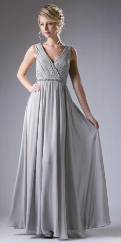 Cinderella Divine 1001 Ruched V-Neck A-line Long Chiffon Dress(Ruched V Neck Embellished Waist A Line Long Formal Dress Champagne)