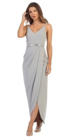 Juno 1034 Spaghetti Strap Belted Faux-Wrap Style Long Dress(Silver Belted Faux Wrap Style Long Formal Dress)