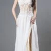 J&J Fashion 104 Appliqued Sheer Bodice Long Formal Dress(Appliqued Sheer Bodice Long Formal Dress Ivory Champagne)