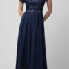 Juno 1056 Short Sleeved A-Line Long Chiffon Dress Lace Top(Navy Blue Short Sleeved A Line Long Formal Dress)