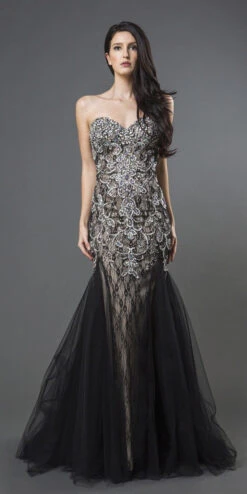 J&J Fashion 107 Beaded Prom Gown Strapless(Black Champagne Beaded Prom Gown Strapless)