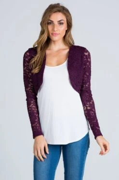 La Scala 10880 Long Sleeve Lace Jacket(La Scala 10880 Long Sleeve Lace Shrug) -Discount Dress Shops 10880 eggplant