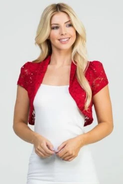 La Scala 11251 Short Sleeve Lace Jacket(La Scala 11251 Short Sleeve Lace Jacket) -Discount Dress Shops 11251 red