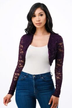 La Scala 11623 Long Sleeve Lace Jacket(La Scala 11623 Long Sleeve Lace Jacket) -Discount Dress Shops 11623 eggplant