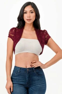 La Scala 11630 Crochet Lace Cropped Shrug(La Scala 11630 Crochet Lace Cropped Shrug) -Discount Dress Shops 11630 la scala burgundy