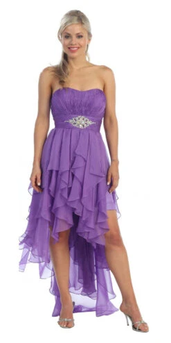 CLEARANCE - Juliet 1226 Dress High Low Chiffon Strapless Layer Skirt Rhinestones (Size 2XL)(Dark Lilac Dress High Low Chiffon Strapless Layer Skirt Rhinestones) -Discount Dress Shops 1226ju dark lilac