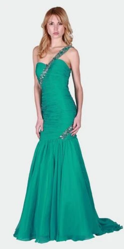 J&J Fashion 128 Long Prom Gown With Beaded One-Shoulder Strap(Long Prom Gown With Beaded One Shoulder Strap Jade)