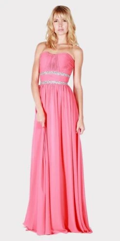 J&J Fashion 1309 Strapless A-line Long Formal Dress Ruched Bodice(Pink Strapless A Line Long Formal Dress Ruched Bodice)