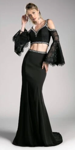 Cinderella Divine 13114 Two Piece Gown Cold Shoulder Trumpet Sleeves(Off White Two Piece Prom Gown Cold Shoulder Trumpet Sleeves)