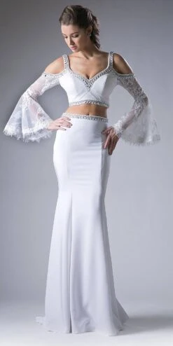 Cinderella Divine 13114 Two Piece Gown Cold Shoulder Trumpet Sleeves(Off White Two Piece Prom Gown Cold Shoulder Trumpet Sleeves) -Discount Dress Shops 13114 off white