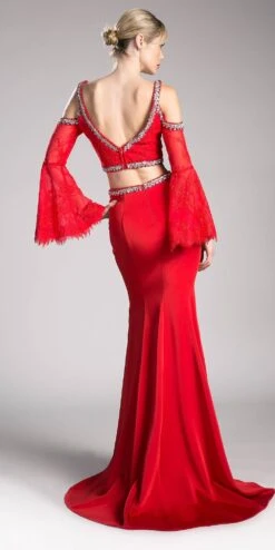 Cinderella Divine 13114 Two Piece Gown Cold Shoulder Trumpet Sleeves(Off White Two Piece Prom Gown Cold Shoulder Trumpet Sleeves) -Discount Dress Shops 13114 red back