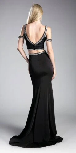 Cinderella Divine 13114A Cold-Shoulder Crop Top Two-Piece Long Dress(Black Cold Shoulder Crop Top Two Piece Long Prom Dress) -Discount Dress Shops 13114a black back