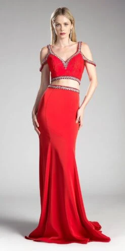 Cinderella Divine 13114A Cold-Shoulder Crop Top Two-Piece Long Dress(Black Cold Shoulder Crop Top Two Piece Long Prom Dress)