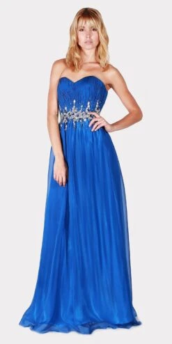 J&J Fashion 1401 Beaded Waist Long Prom Dress Strapless(Royal Blue Beaded Waist Long Prom Dress Strapless)