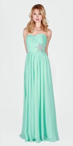 J&J Fashion 1422 Ruched Bodice Strapless Long Formal Dress(Aqua Ruched Bodice Strapless Long Formal Dress)