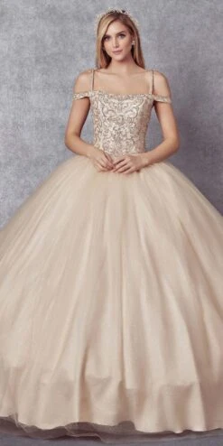 Juliet 1426 Beaded Embroidery Cold Shoulder Princess Poofy Ballgown(Beaded Embroidery Cold Shoulder Princess Ballgown Champagne)