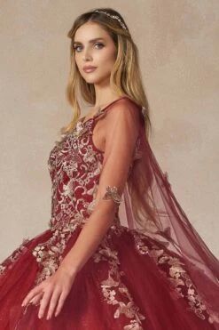 Juliet 1442 Long 3D Butterfly Appliques Strapless Bodice Cape Quinceanera Dress(Juliet 1442 Long 3d Butterfly Appliques Strapless Bodice Cape Quinceanera Dress) -Discount Dress Shops 1442 BURGUNDY SIDE
