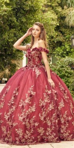 Juliet 1447 Long 3D Floral Appliques Off Shoulder Poofy Ball Gown(Juliet 1447 Long 3d Floral Appliques Off Shoulder Poofy Ball Gown) -Discount Dress Shops 1447 juliet burgundy gallery crop