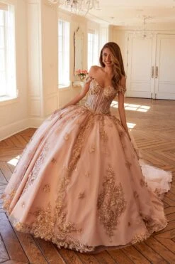 Juliet JT1485J Off The Shoulder Cinderella Quinceanera Ball Gown(Juliet Jt1485j Off The Shoulder Cinderella Quinceanera Ball Gown) -Discount Dress Shops 1485JROSEGOLD0750