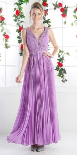 Cinderella Divine 1499 Long Chiffon Pleated Sleeveless Dress With Belt(Long Chiffon Pleated Bridesmaid Dress Mint With Belt Sleeveless) -Discount Dress Shops 1499 cinderella divine lilac