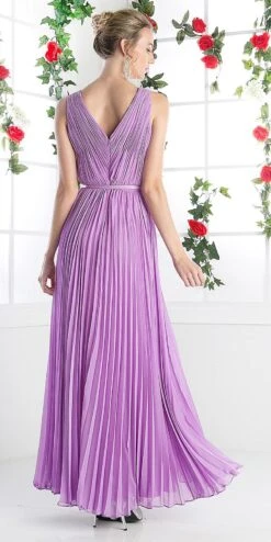 Cinderella Divine 1499 Long Chiffon Pleated Sleeveless Dress With Belt(Long Chiffon Pleated Bridesmaid Dress Mint With Belt Sleeveless) -Discount Dress Shops 1499 cinderella divine lilac back