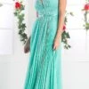 Cinderella Divine 1499 Long Chiffon Pleated Sleeveless Dress With Belt(Long Chiffon Pleated Bridesmaid Dress Mint With Belt Sleeveless)