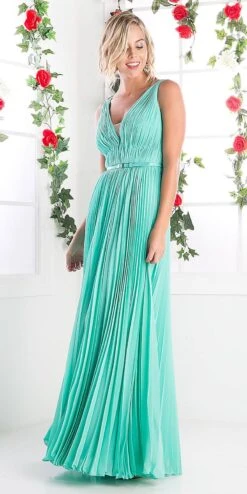 Cinderella Divine 1499 Long Chiffon Pleated Sleeveless Dress With Belt(Long Chiffon Pleated Bridesmaid Dress Mint With Belt Sleeveless)