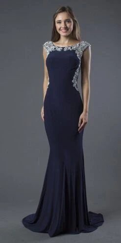 J&J Fashion 153 Embellished Illusion Back Mermaid Prom Gown(Embellished Illusion Back Mermaid Prom Gown Navy Blue)