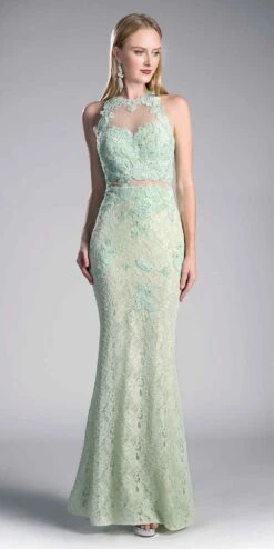 Cinderella Divine 1586 Halter Lace Appliques Mock Two-Piece Gown(Cinderella Divine 1586 Halter Lace Appliques Mock Two Piece Slim Flare Prom Gown Red)