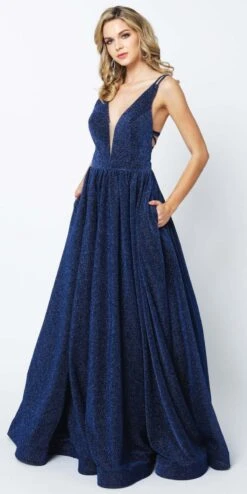Juliet 201 Plunging V-Neckline Long Glitter Dress A-Line(Plunging V Neckline Long Glitter Prom Dress Navy Blue A Line)