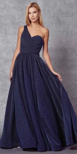 Juliet 205 Long One Shoulder Sleeveless Glitter Gown(Long One Shoulder Sleeveless Glitter Prom Gown Prism Removable Bow)