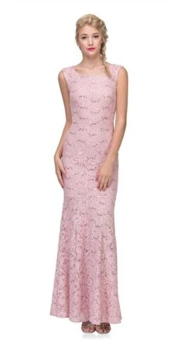 Eureka 2072 Sleeveless Lace Sequins Fit And Flare Gown(Sleeveless Lace Sequins Fit And Flare Evening Gown Blush Floor Length)