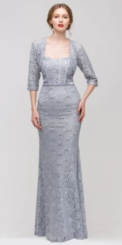 Eureka 2080J Long Lace Gown Fitted Flare Strapless Mid Sleeve Jacket(Long Lace Gown Silver Sheath Mermaid Flare Strapless Mid Sleeve Jacket)