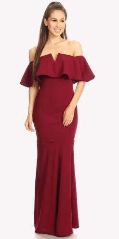 Eureka 2102 Long Dress Off Shoulder With V-Notch Ruffled Bodice(Long Formal Burgundy Dress Off Shoulder With V Notch Ruffled Bodice)
