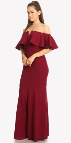 Eureka 2102 Long Dress Off Shoulder With V-Notch Ruffled Bodice(Long Formal Burgundy Dress Off Shoulder With V Notch Ruffled Bodice) -Discount Dress Shops 2102 eureka burgundy side view