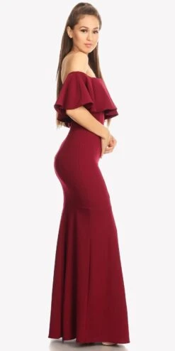 Eureka 2102 Long Dress Off Shoulder With V-Notch Ruffled Bodice(Long Formal Burgundy Dress Off Shoulder With V Notch Ruffled Bodice) -Discount Dress Shops 2102 eureka burgundy side view2