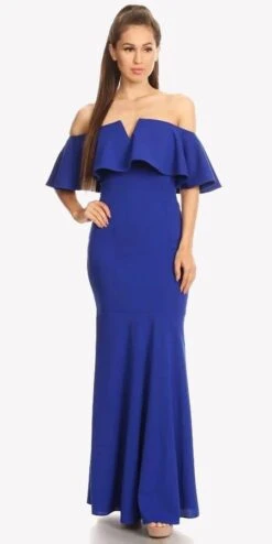 Eureka 2102 Long Dress Off Shoulder With V-Notch Ruffled Bodice(Long Formal Burgundy Dress Off Shoulder With V Notch Ruffled Bodice) -Discount Dress Shops 2102 eureka royal blue