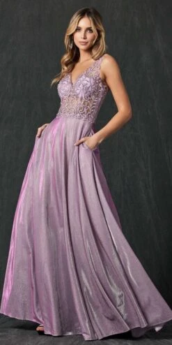 Juliet 225 Illusion Appliqued Bodice Long With Pockets(Illusion Appliqued Bodice Long Prom Dress Magenta Mauve With Pockets)