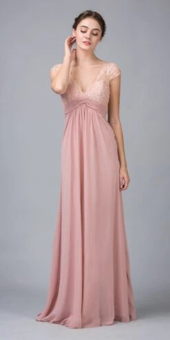 Eureka 2383 Plunging V Neck Long Chiffon A Line Dress(Plunging V Neck Long Chiffon A Line Dusty Rose Evening Dress)