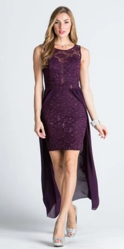 La Scala 23984 High Low Overlay Lace Dress(High Low Overlay Lace Dress By La Scala 23984) -Discount Dress Shops 23984 plum