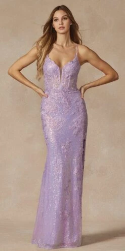 Juliet 2405 Machine Sequin Lace Embellishments High Slit Prom Gown(Juliet 2405 Machine Sequin Lace Embellishments High Slit Prom Gown) -Discount Dress Shops 2405 LILAC OTHER