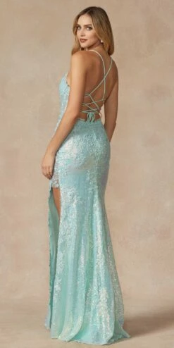 Juliet 2405 Machine Sequin Lace Embellishments High Slit Prom Gown(Juliet 2405 Machine Sequin Lace Embellishments High Slit Prom Gown) -Discount Dress Shops 2405 MINT BACK