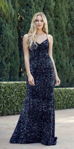 Juliet 2406 Velvet Sequin Fitted Gown V-Neckline Lace Up Back(Juliet 2406 Velvet Sequin Fitted Gown V Neckline Lace Up Back) -Discount Dress Shops 2406 BLACKMULTI OTHER3