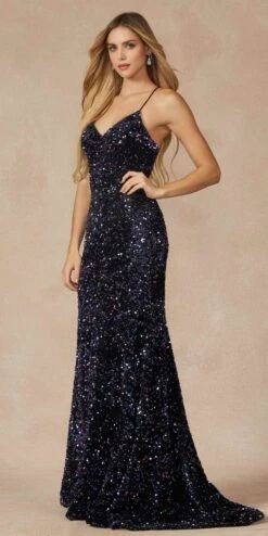 Juliet 2406 Velvet Sequin Fitted Gown V-Neckline Lace Up Back(Juliet 2406 Velvet Sequin Fitted Gown V Neckline Lace Up Back) -Discount Dress Shops 2406 BLACKMULTI SIDE
