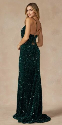 Juliet 2406 Velvet Sequin Fitted Gown V-Neckline Lace Up Back(Juliet 2406 Velvet Sequin Fitted Gown V Neckline Lace Up Back) -Discount Dress Shops 2406 EMERALDGREEN BACK